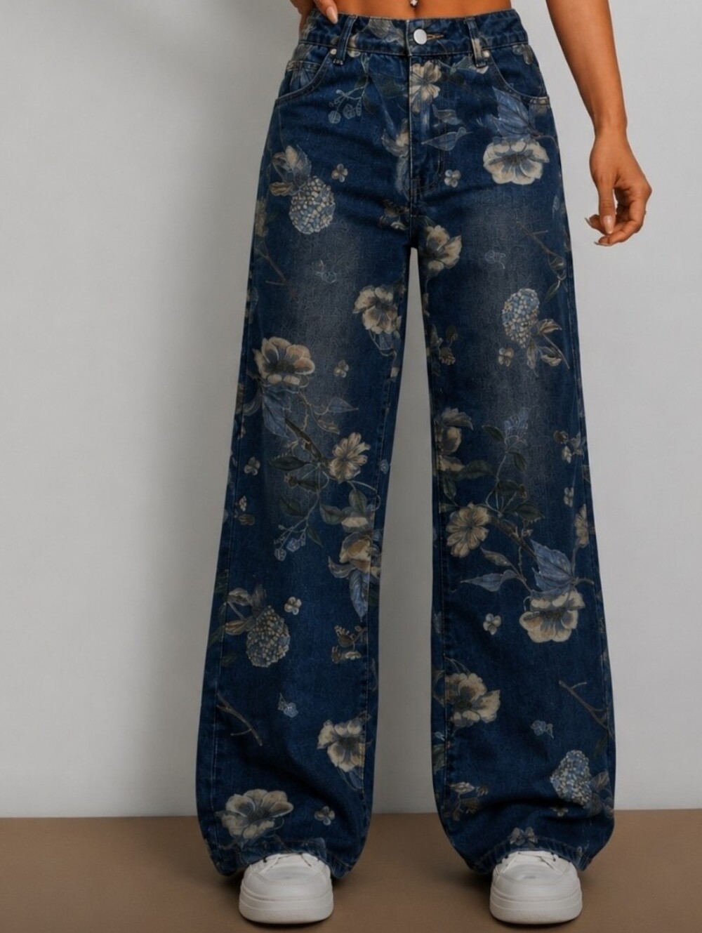 Floral Wide-Leg - High Rise Denim Jeans - Blue